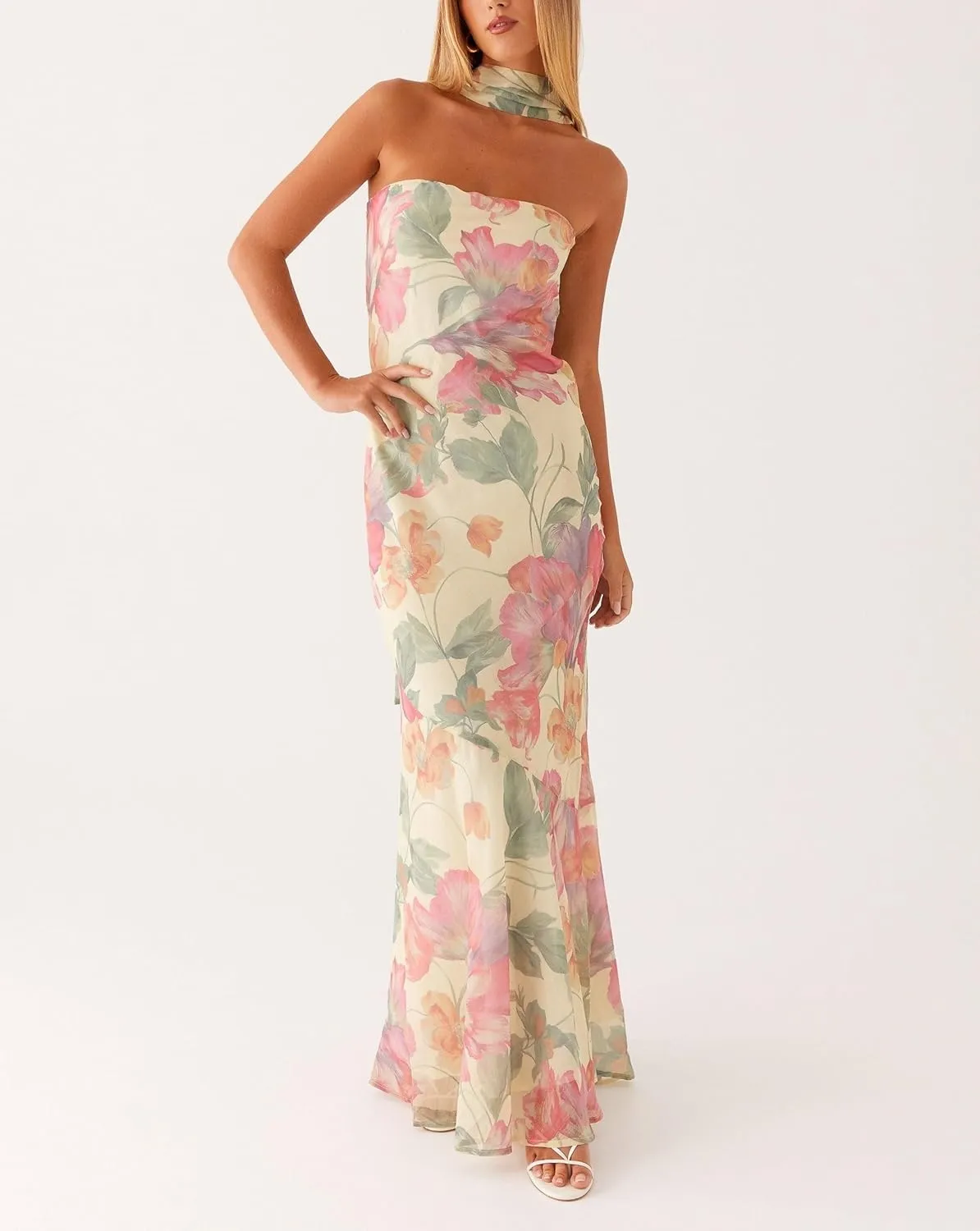 Women Strapless Floral Dress with Sarf Mesh Tube Maxi Dress Summer Cocktail Wedding Guest