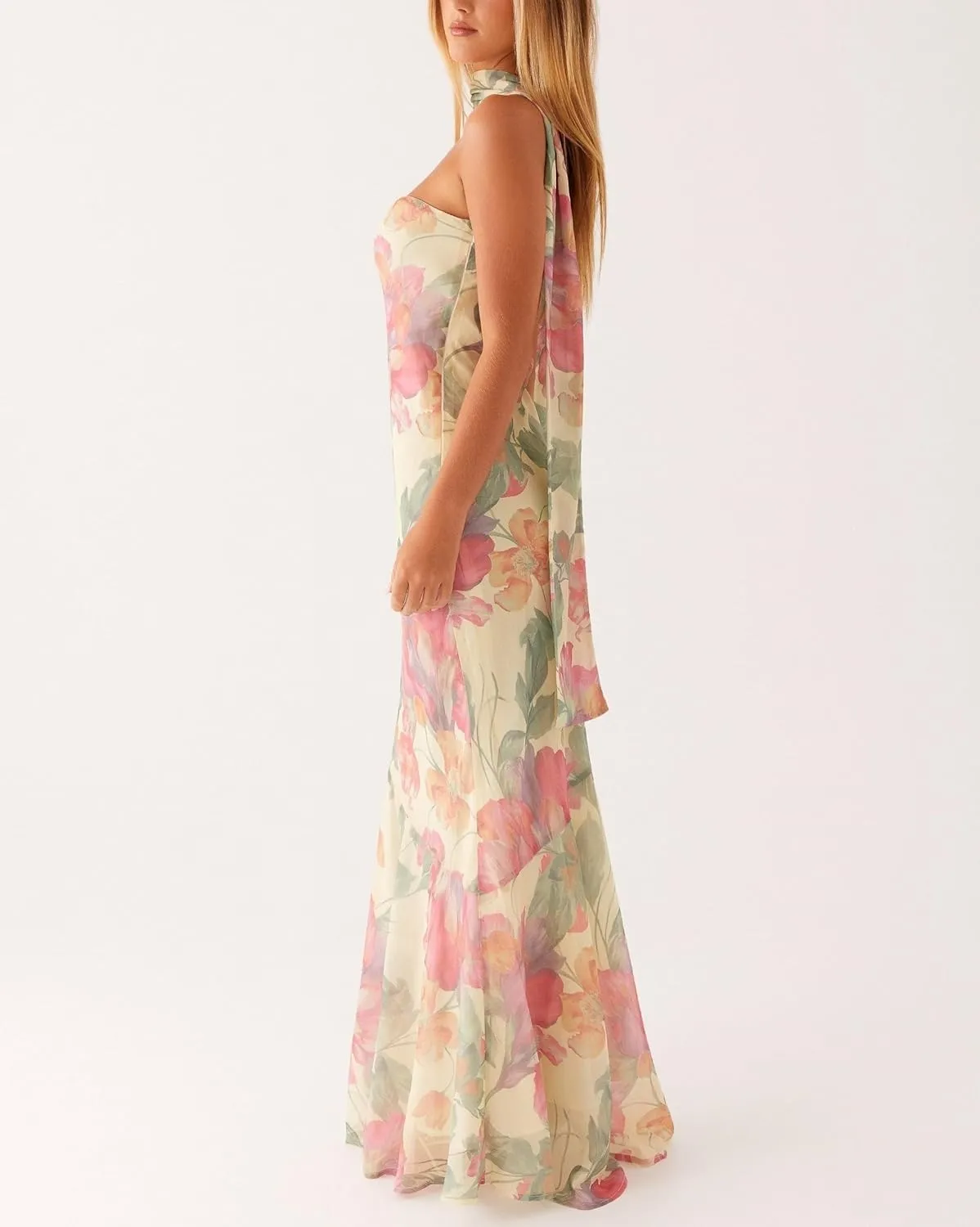 Women Strapless Floral Dress with Sarf Mesh Tube Maxi Dress Summer Cocktail Wedding Guest