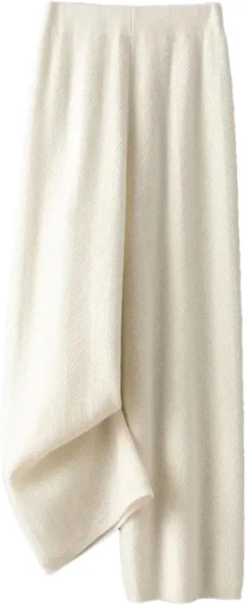 Women Wool Herringbone Pattern Knit Loose Pants Thick Straight Pants Soft Fine Wool Long Trousers