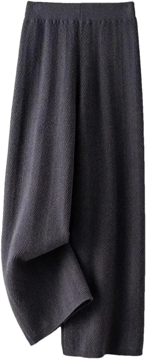 Women Wool Herringbone Pattern Knit Loose Pants Thick Straight Pants Soft Fine Wool Long Trousers