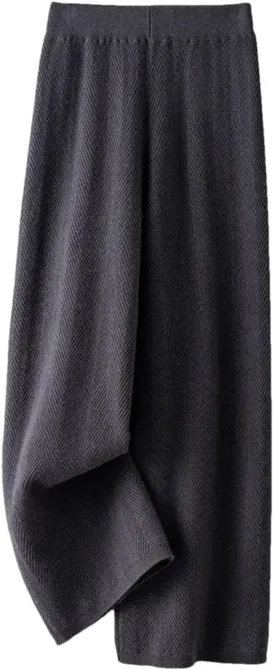 Women Wool Herringbone Pattern Knit Loose Pants Thick Straight Pants Soft Fine Wool Long Trousers