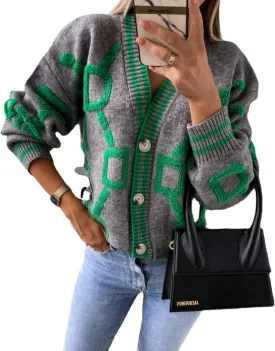 Women's Button V Neck Knit Long Sleeve Cardigan Sweater Casual Drop Shoulder Geometric Knit Loose Chunky Outerwear Top