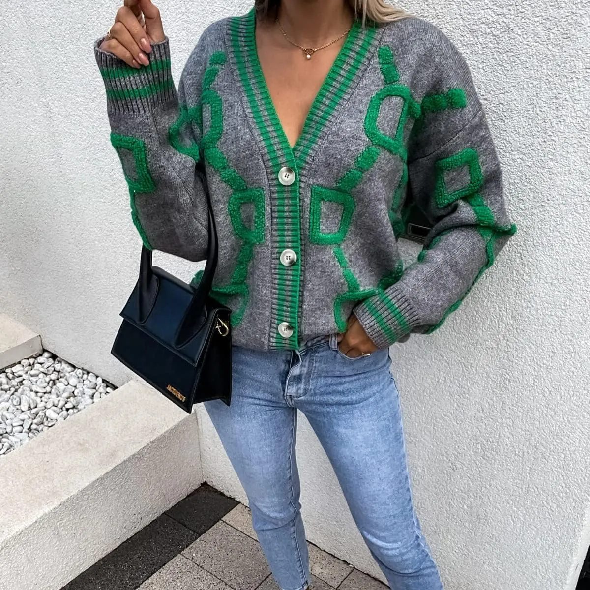 Women's Button V Neck Knit Long Sleeve Cardigan Sweater Casual Drop Shoulder Geometric Knit Loose Chunky Outerwear Top