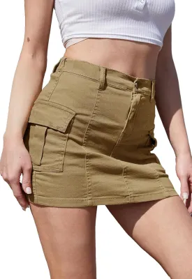 Womens Cargo Mini Skirt Y2k Bodycon Button Stretchy Low Waist Solid Sexy Short Skirts for Women with Flap Pocket