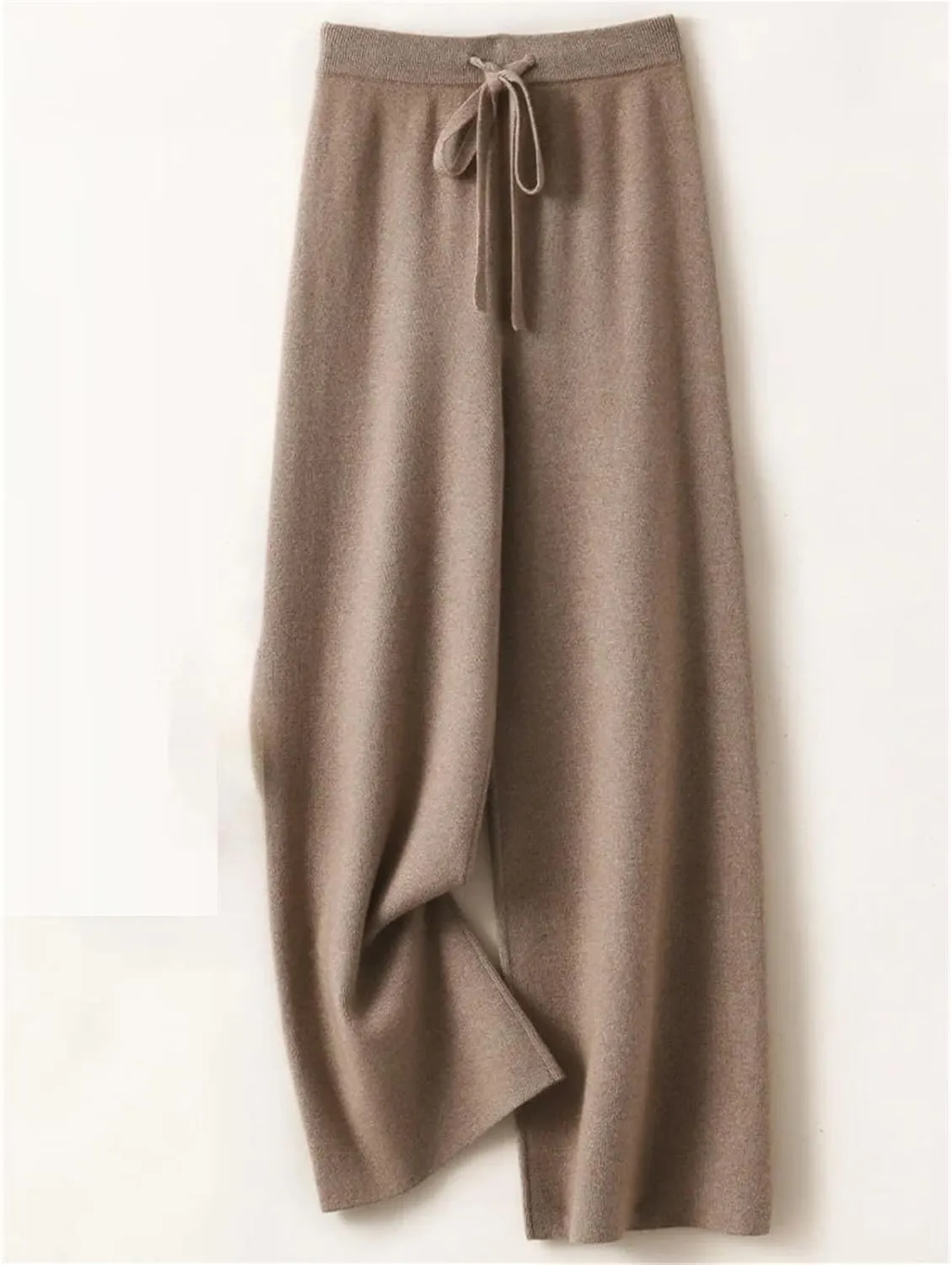Women's Cashmere Wide Leg Pants Basic Soft Casual Sashes Trousers Merino Wool Knitwear Popular Pants