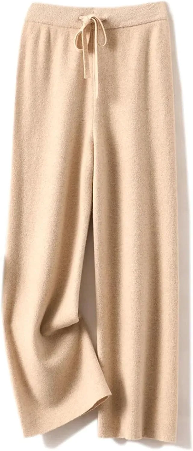 Women's Cashmere Wide Leg Pants Basic Soft Casual Sashes Trousers Merino Wool Knitwear Popular Pants