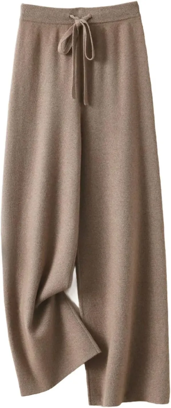 Women's Cashmere Wide Leg Pants Basic Soft Casual Sashes Trousers Merino Wool Knitwear Popular Pants