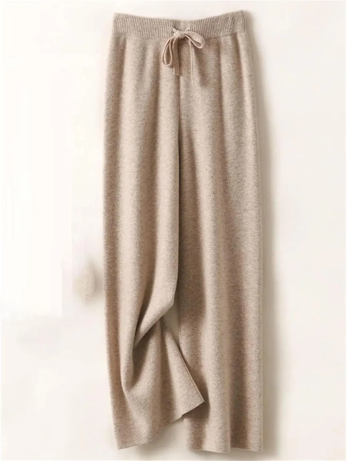 Women's Cashmere Wide Leg Pants Basic Soft Casual Sashes Trousers Merino Wool Knitwear Popular Pants