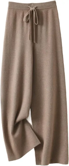 Women's Cashmere Wide Leg Pants Basic Soft Casual Sashes Trousers Merino Wool Knitwear Popular Pants