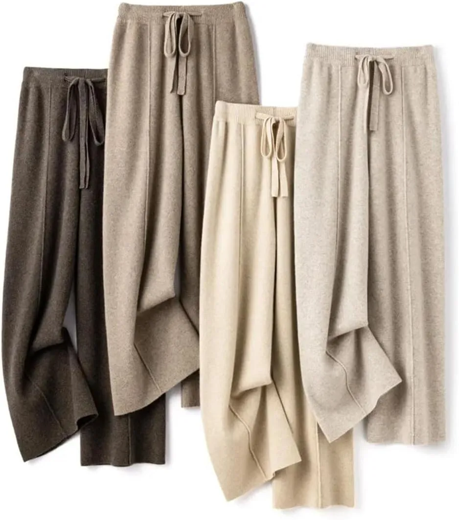 Women's High Waist Drapey Slimming Floor Length Straight Casual Trousers Knitted Wide Leg Pants
