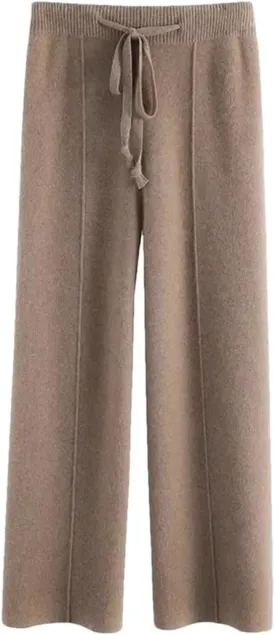 Women's High Waist Drapey Slimming Floor Length Straight Casual Trousers Knitted Wide Leg Pants