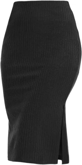 Women's Knee Length Knit Pencil Skirt Stretchy Side Slit Bodycon Midi Skirt