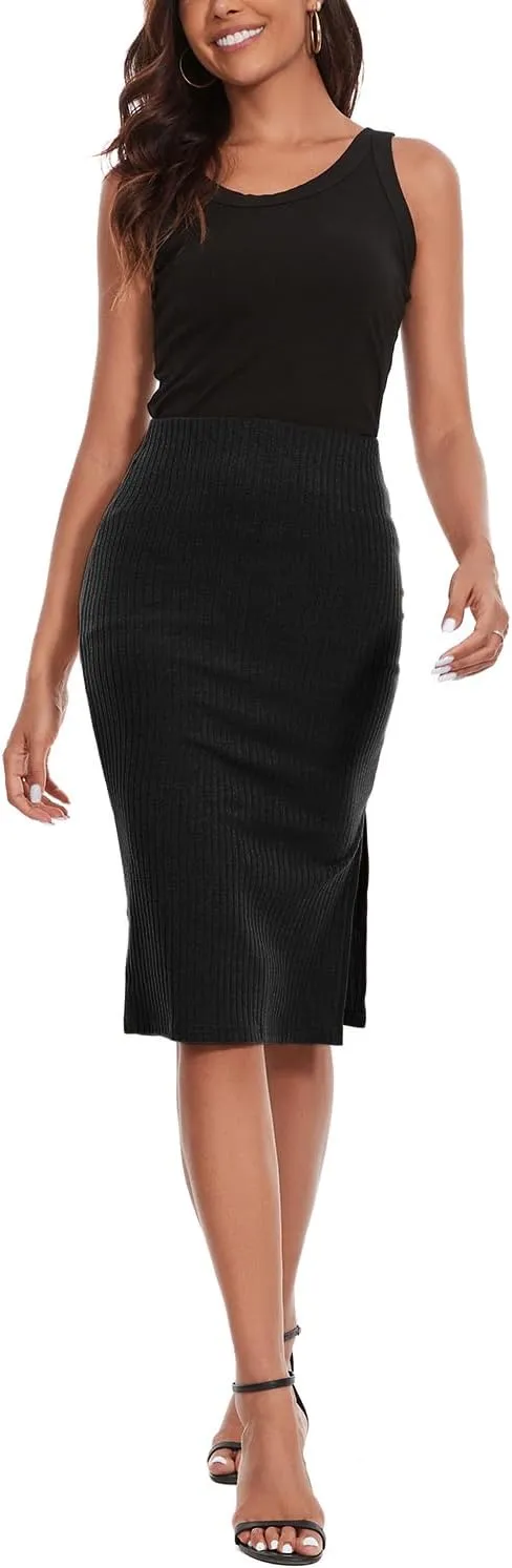 Women's Knee Length Knit Pencil Skirt Stretchy Side Slit Bodycon Midi Skirt