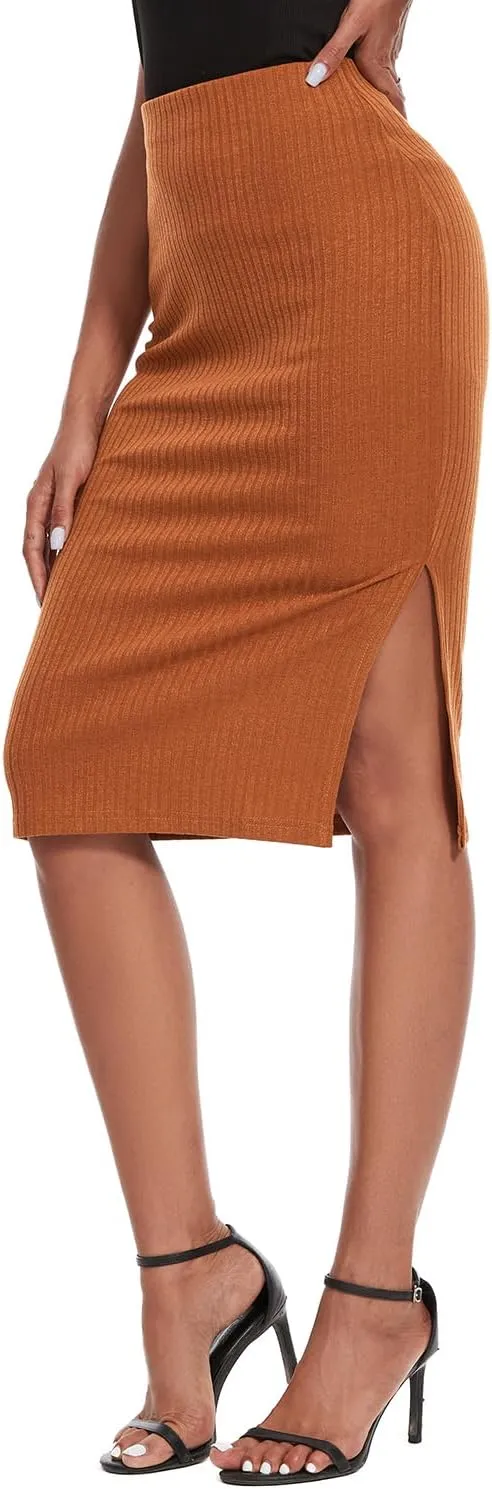 Women's Knee Length Knit Pencil Skirt Stretchy Side Slit Bodycon Midi Skirt