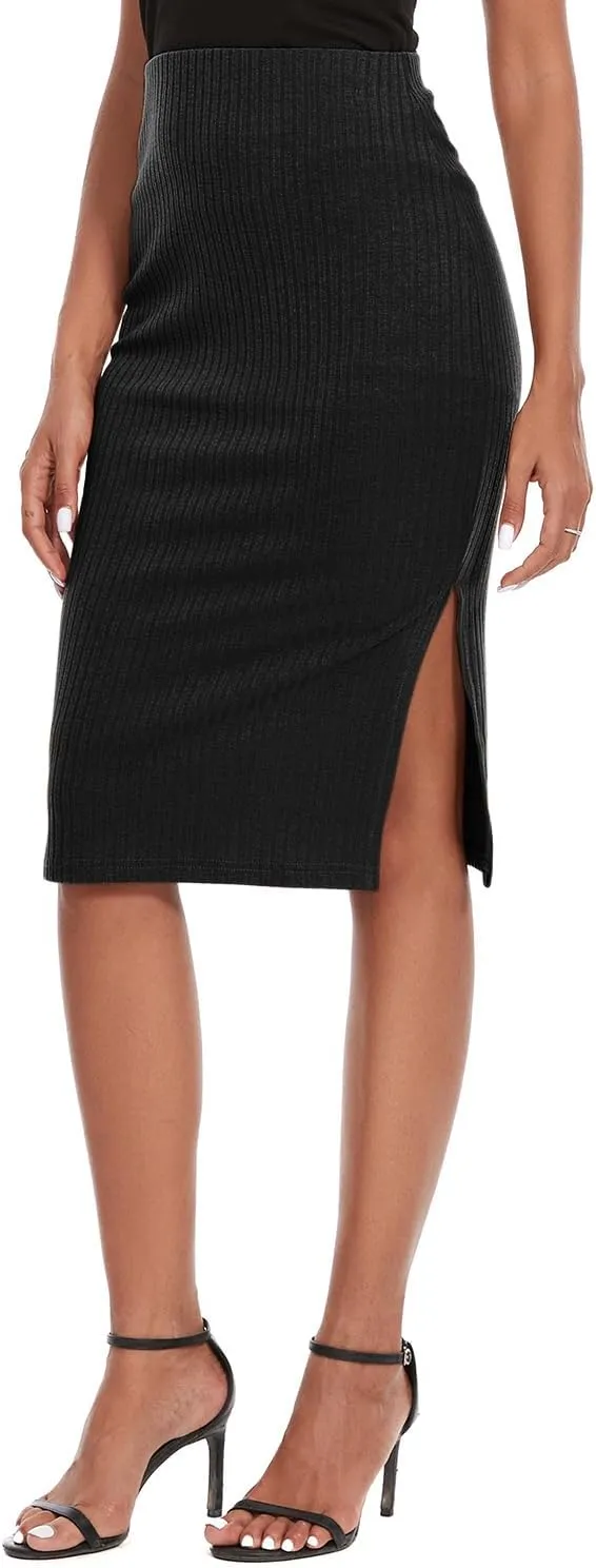 Women's Knee Length Knit Pencil Skirt Stretchy Side Slit Bodycon Midi Skirt