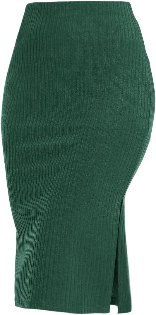 Women's Knee Length Knit Pencil Skirt Stretchy Side Slit Bodycon Midi Skirt