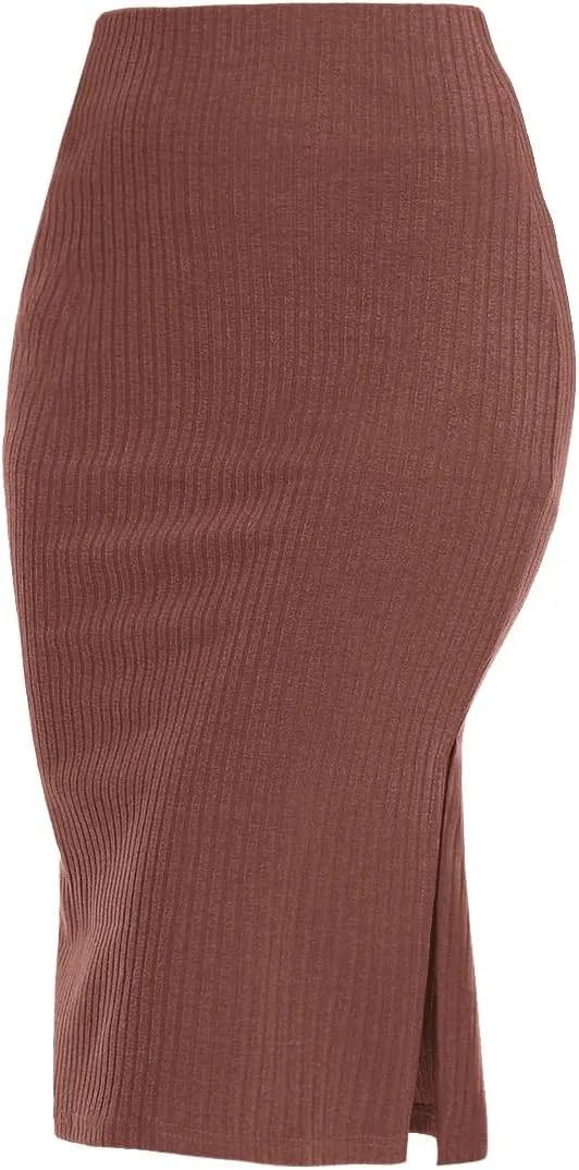Women's Knee Length Knit Pencil Skirt Stretchy Side Slit Bodycon Midi Skirt