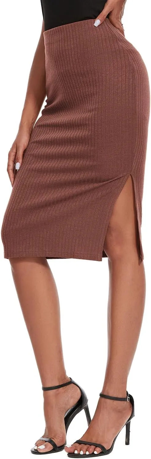 Women's Knee Length Knit Pencil Skirt Stretchy Side Slit Bodycon Midi Skirt