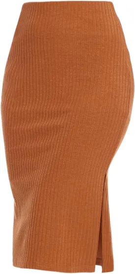 Women's Knee Length Knit Pencil Skirt Stretchy Side Slit Bodycon Midi Skirt