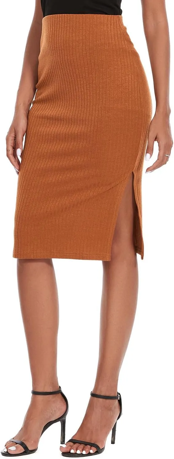 Women's Knee Length Knit Pencil Skirt Stretchy Side Slit Bodycon Midi Skirt