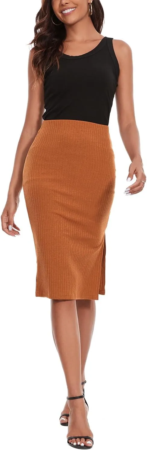Women's Knee Length Knit Pencil Skirt Stretchy Side Slit Bodycon Midi Skirt