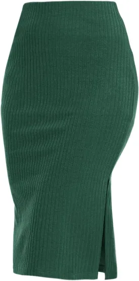 Women's Knee Length Knit Pencil Skirt Stretchy Side Slit Bodycon Midi Skirt
