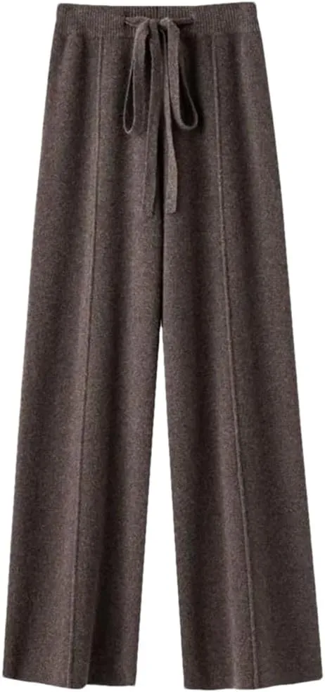 Women's Solid Wool Wide-Leg Pants High Waist Casual Loose Straight Pants Knit Mop Trousers
