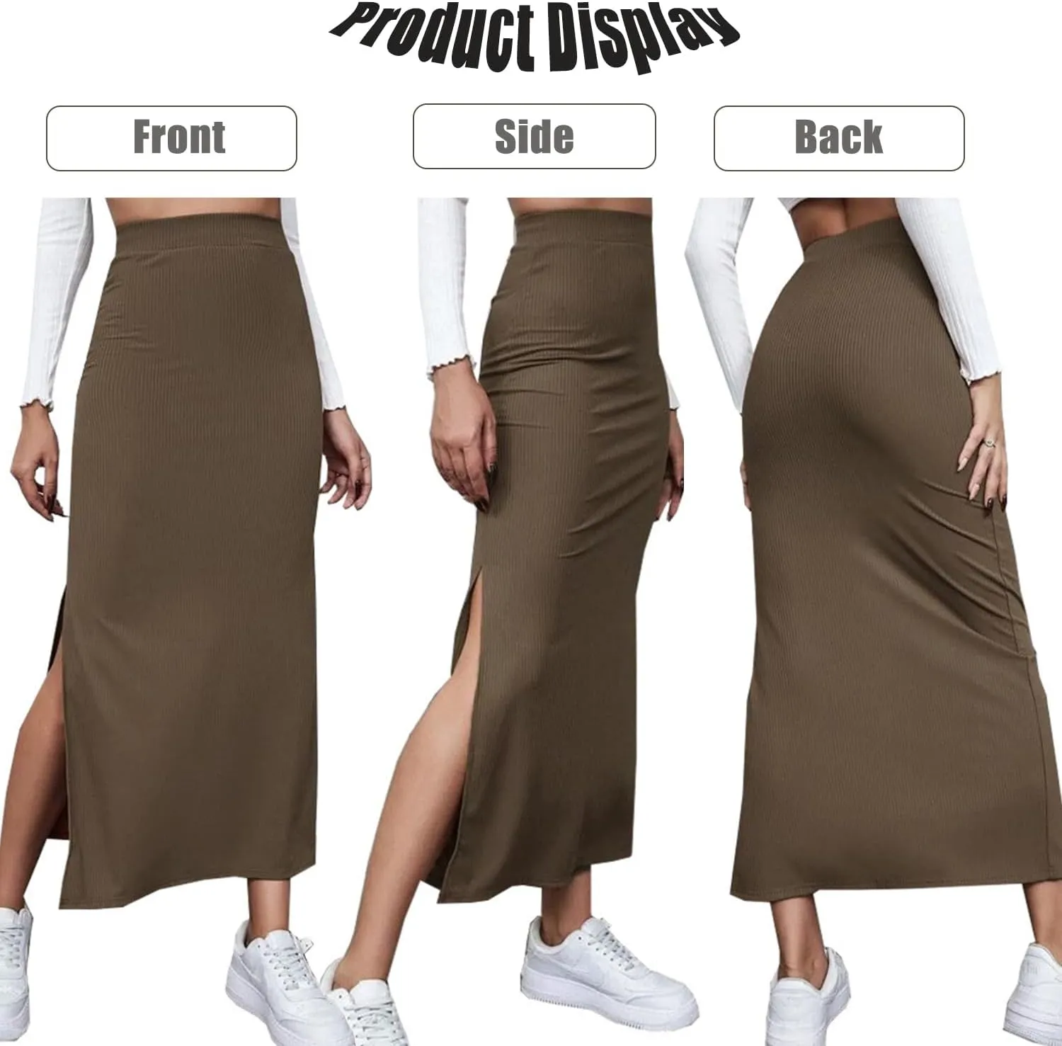 Women's Split Ribbed Knit Bodycon Maxi Skirt Stretchy Sexy High Waist Pencil Long Skirts Plus Size Fit Basic Skirt