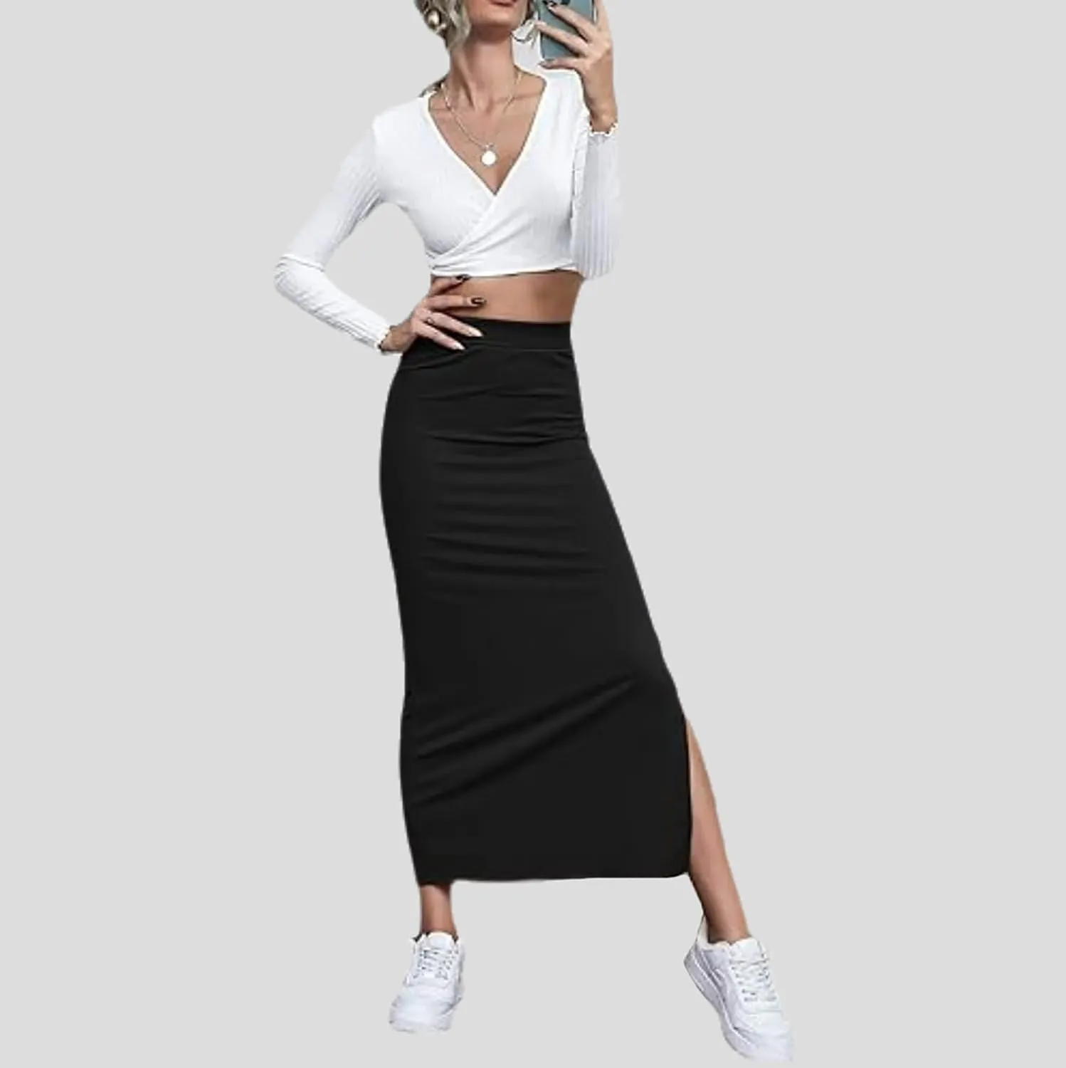 Women's Split Ribbed Knit Bodycon Maxi Skirt Stretchy Sexy High Waist Pencil Long Skirts Plus Size Fit Basic Skirt