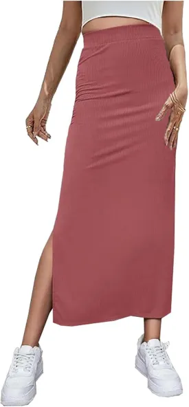 Women's Split Ribbed Knit Bodycon Maxi Skirt Stretchy Sexy High Waist Pencil Long Skirts Plus Size Fit Basic Skirt