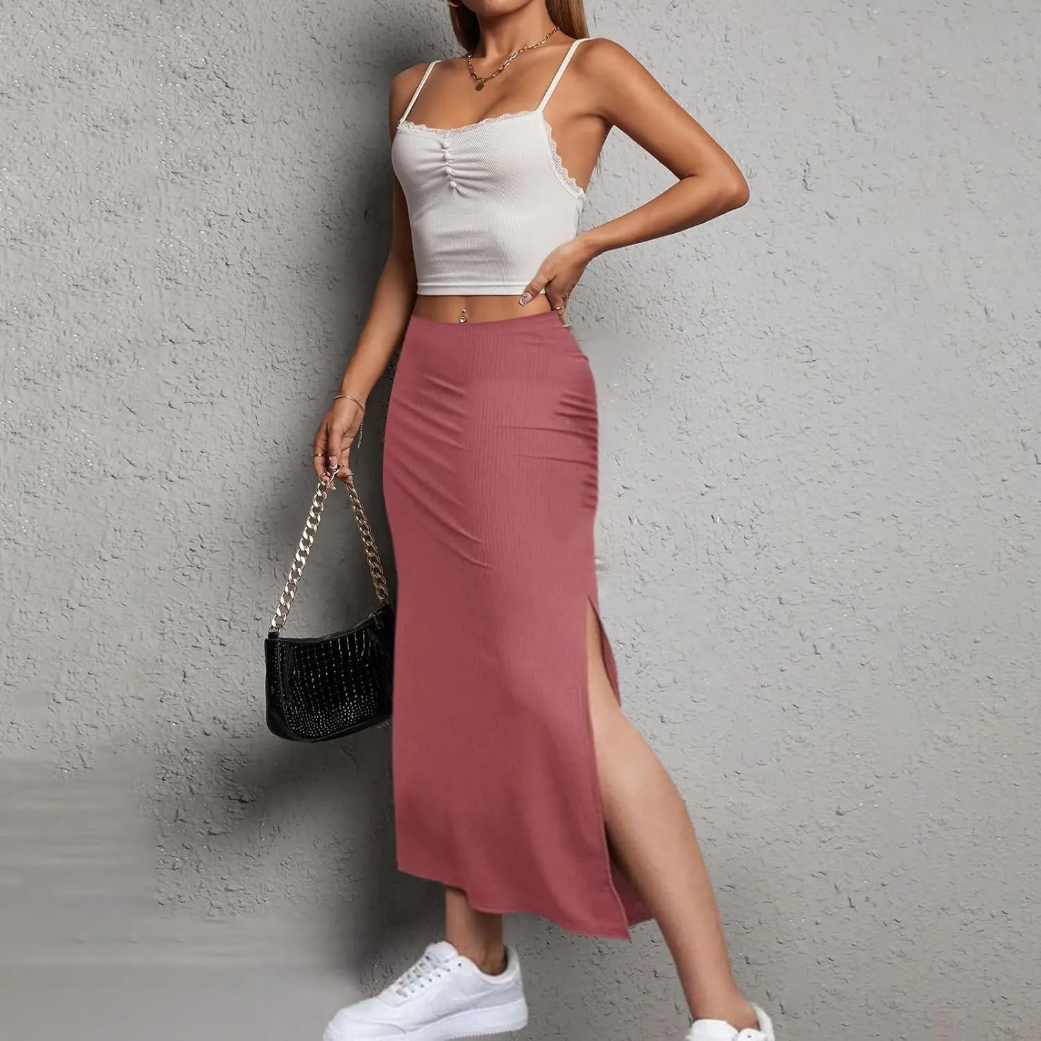 Women's Split Ribbed Knit Bodycon Maxi Skirt Stretchy Sexy High Waist Pencil Long Skirts Plus Size Fit Basic Skirt