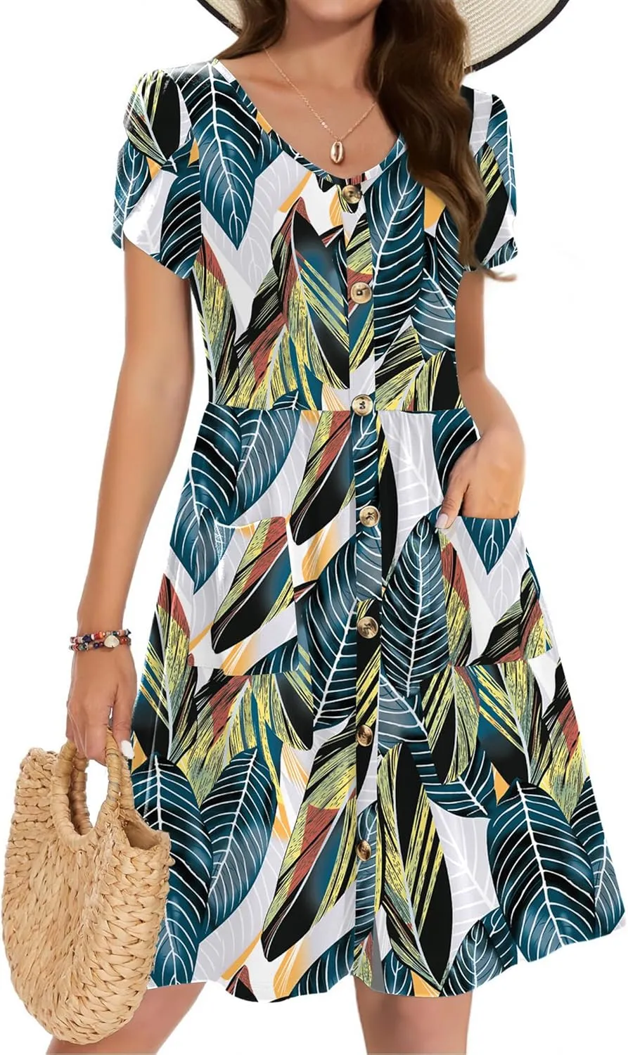 Zeagoo Womens Summer Dress Mini Petal Short Sleeve Dresses Pleated Button Down V Neck Floral Beach Swing Vacation Dress 2025