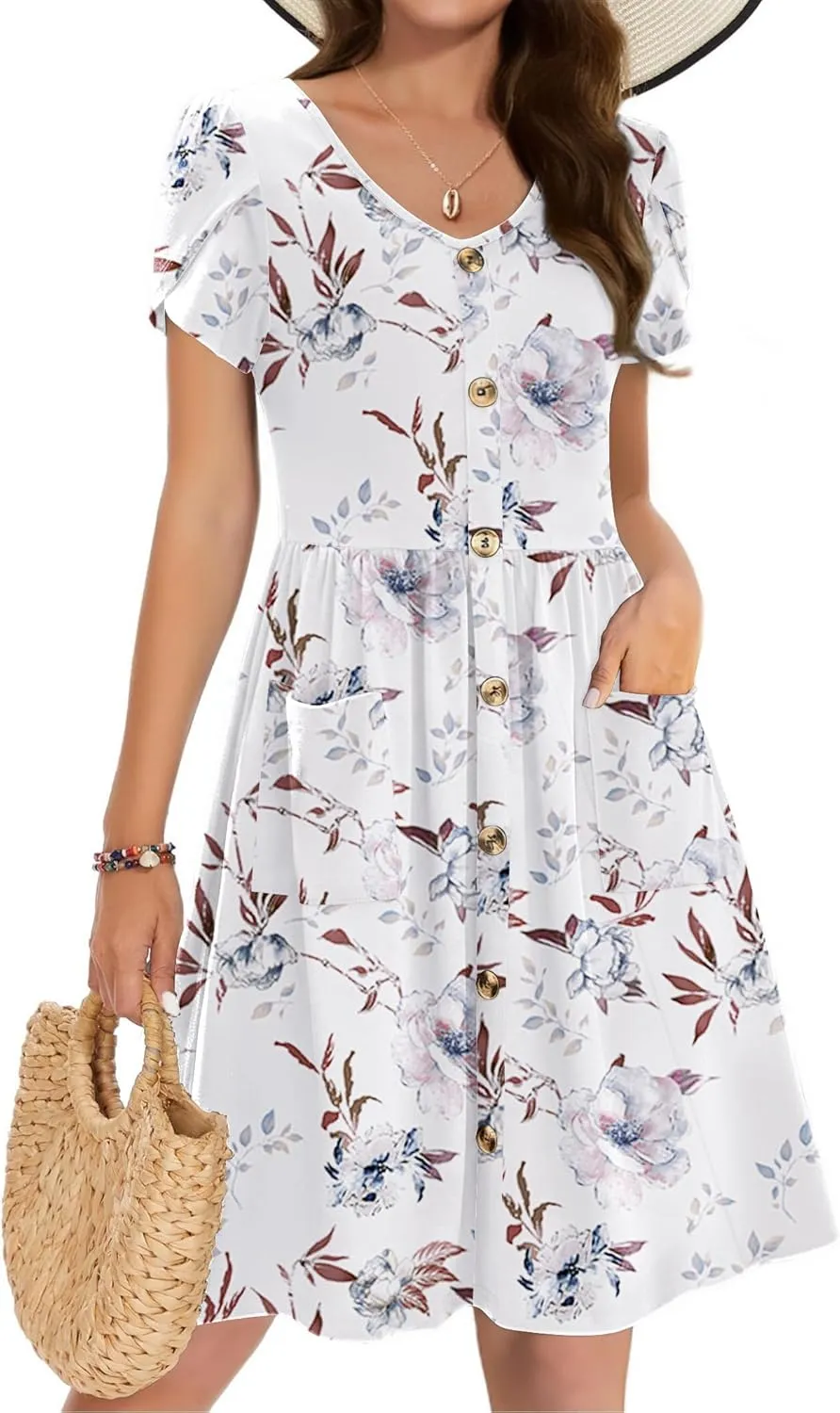Zeagoo Womens Summer Dress Mini Petal Short Sleeve Dresses Pleated Button Down V Neck Floral Beach Swing Vacation Dress 2025