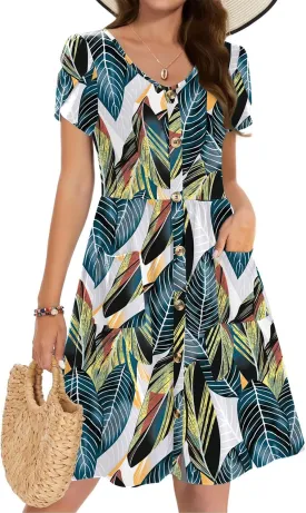 Zeagoo Womens Summer Dress Mini Petal Short Sleeve Dresses Pleated Button Down V Neck Floral Beach Swing Vacation Dress 2025