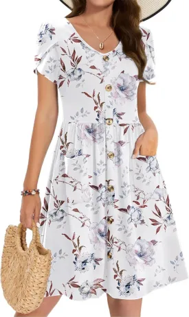 Zeagoo Womens Summer Dress Mini Petal Short Sleeve Dresses Pleated Button Down V Neck Floral Beach Swing Vacation Dress 2025