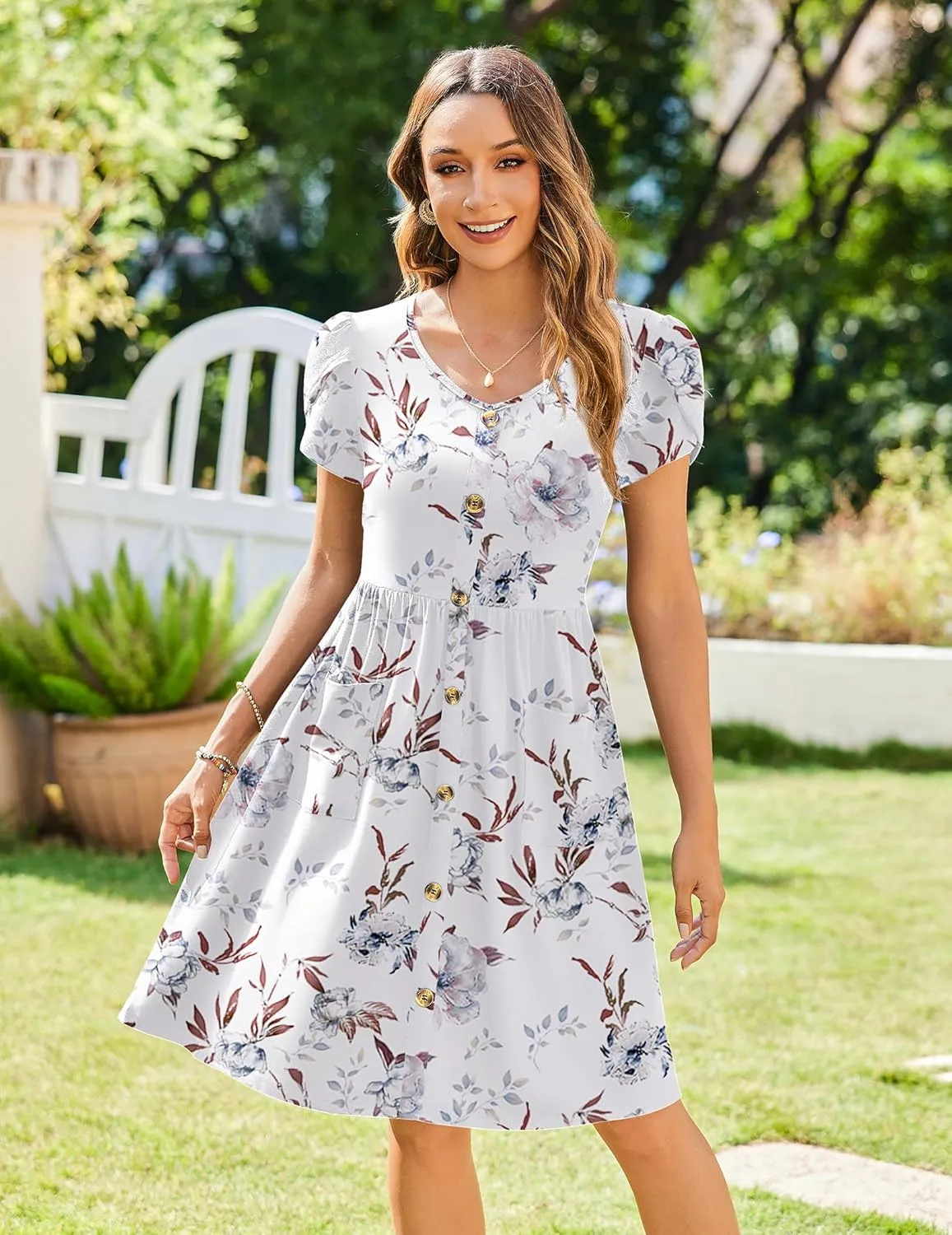 Zeagoo Womens Summer Dress Mini Petal Short Sleeve Dresses Pleated Button Down V Neck Floral Beach Swing Vacation Dress 2025
